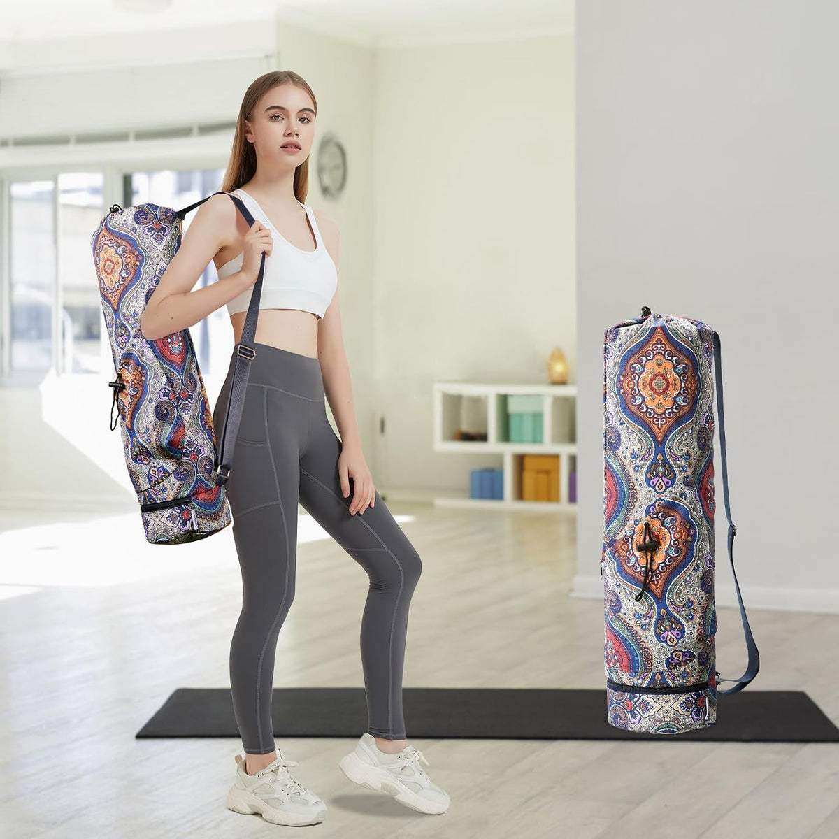Yoga Mat Bag with Water Bottle Pocket & Wet Pocket for Women