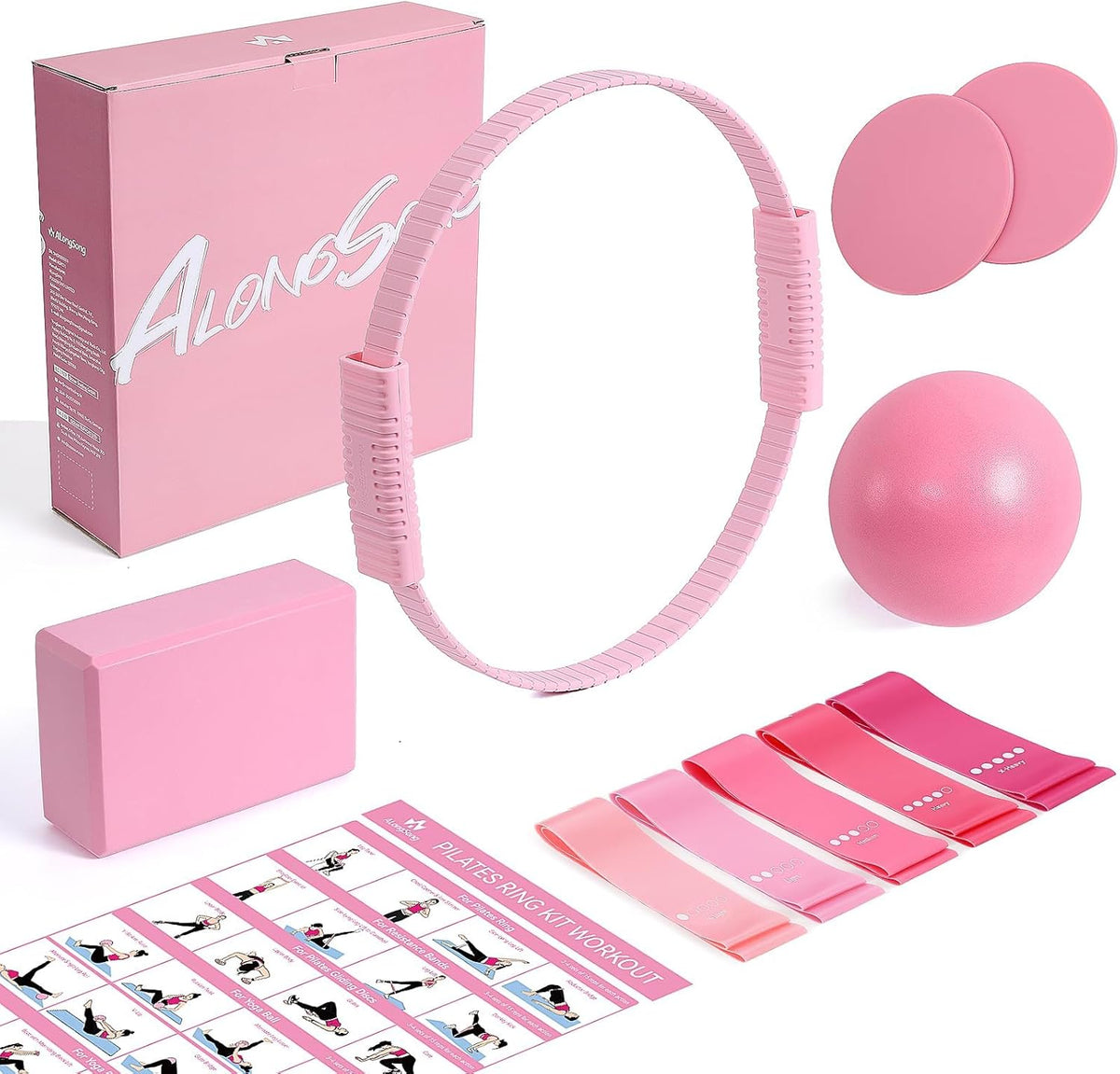 Pilates Kit for Women, 13.7in Silicone Pilates Ring with 5 Resistance Bands, 1 Pilates Ball, 1 Pilates Block, 2 Core Sliders, Video Guide for Full Body Home Workouts