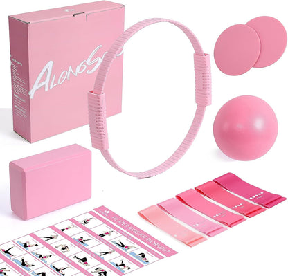 Pilates Kit for Women, 13.7in Silicone Pilates Ring with 5 Resistance Bands, 1 Pilates Ball, 1 Pilates Block, 2 Core Sliders, Video Guide for Full Body Home Workouts