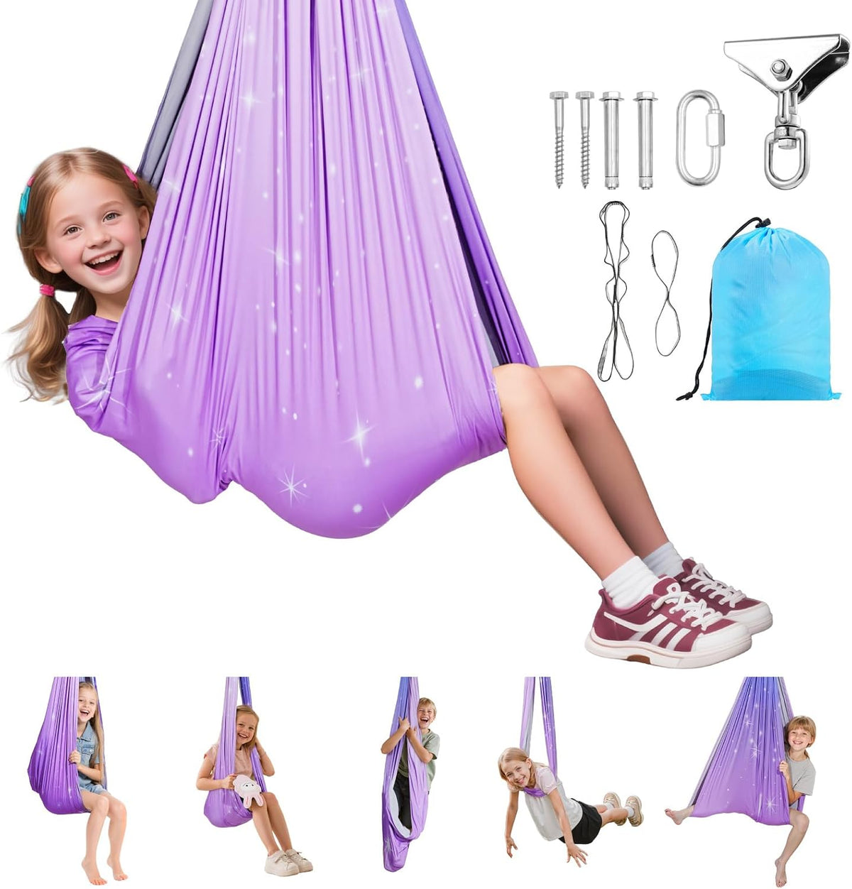 Sensory Swing, Double-Layer Fabric Sensorys Hammock, Indoor & Outdoor Sensory Swing with 360° Swivel Hanger, O-Sling, Holds up to 300lbs, Adjustable Aerial Yoga, Ceiling Swings for Kids