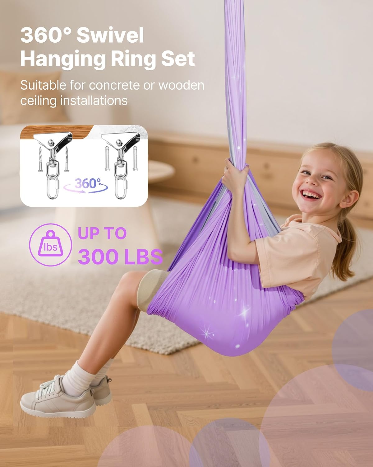 Sensory Swing, Double-Layer Fabric Sensorys Hammock, Indoor & Outdoor Sensory Swing with 360° Swivel Hanger, O-Sling, Holds up to 300lbs, Adjustable Aerial Yoga, Ceiling Swings for Kids