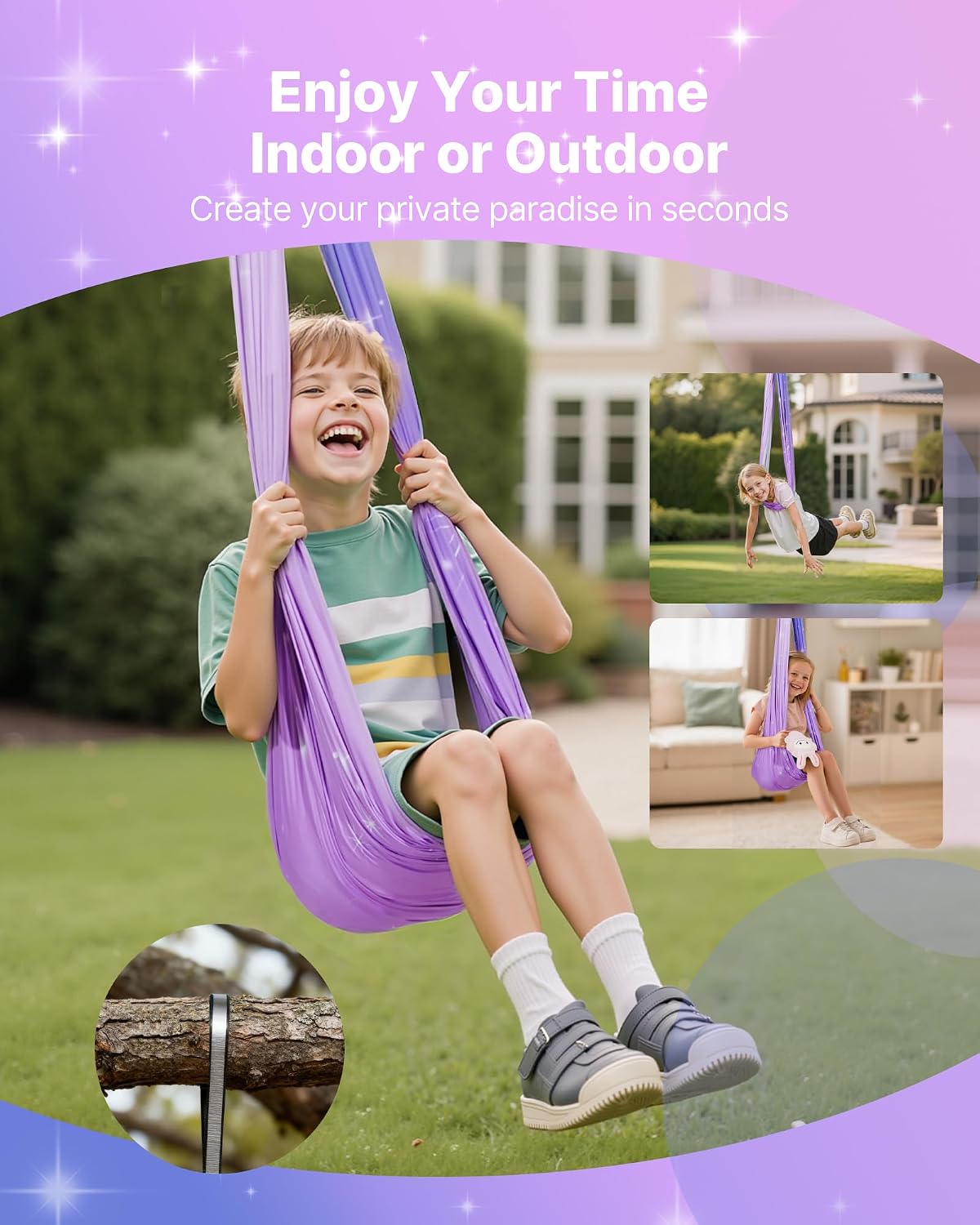 Sensory Swing, Double-Layer Fabric Sensorys Hammock, Indoor & Outdoor Sensory Swing with 360° Swivel Hanger, O-Sling, Holds up to 300lbs, Adjustable Aerial Yoga, Ceiling Swings for Kids