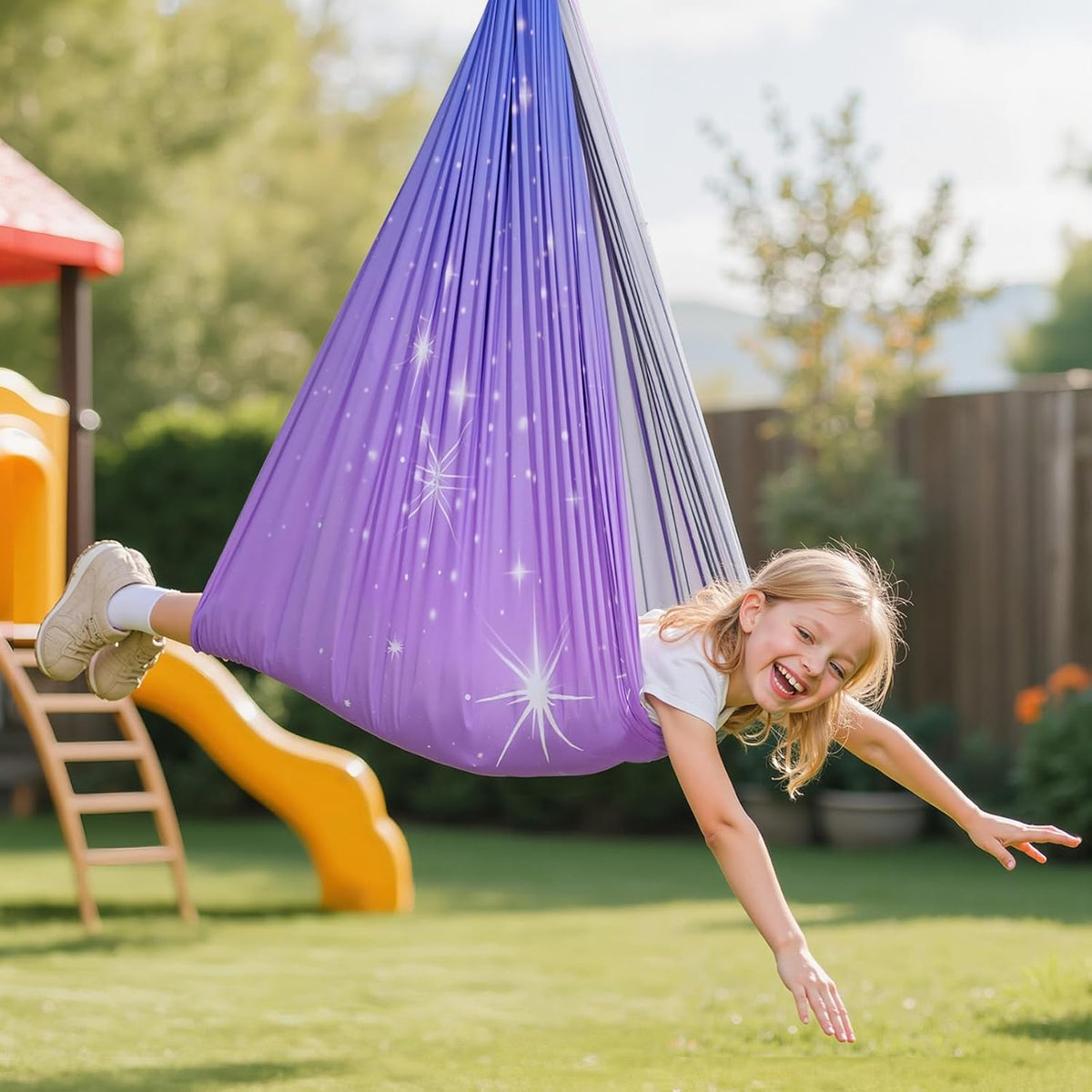 Sensory Swing, Double-Layer Fabric Sensorys Hammock, Indoor & Outdoor Sensory Swing with 360° Swivel Hanger, O-Sling, Holds up to 300lbs, Adjustable Aerial Yoga, Ceiling Swings for Kids