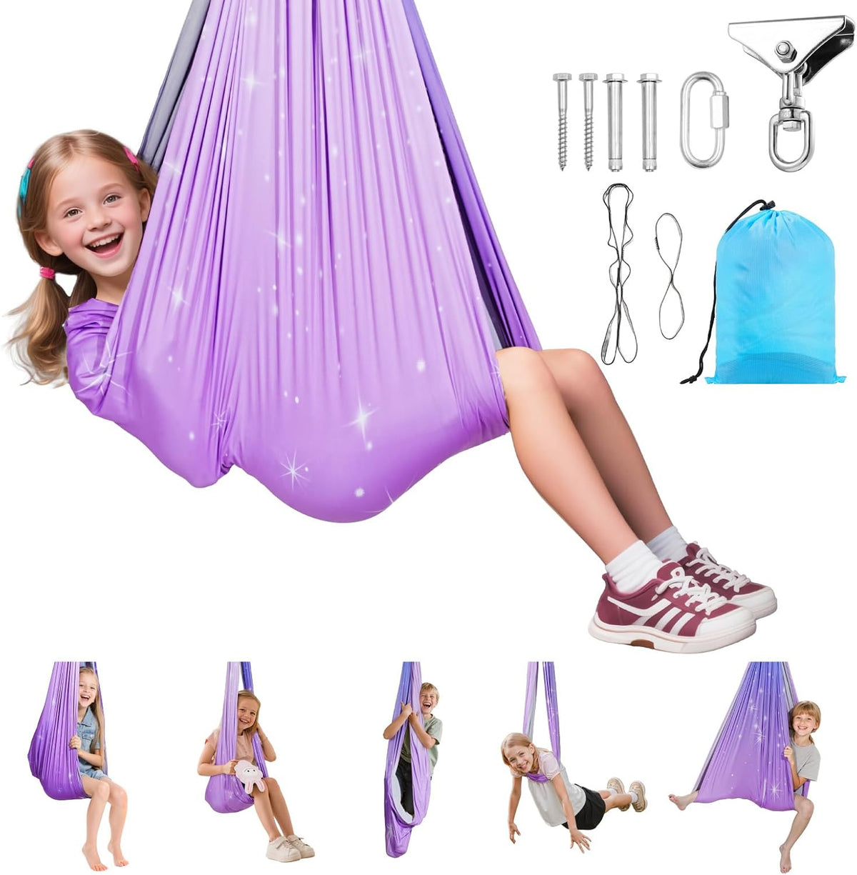 Sensory Swing, Double-Layer Fabric Sensorys Hammock, Indoor & Outdoor Sensory Swing with 360° Swivel Hanger, O-Sling, Holds up to 300lbs, Adjustable Aerial Yoga, Ceiling Swings for Kids