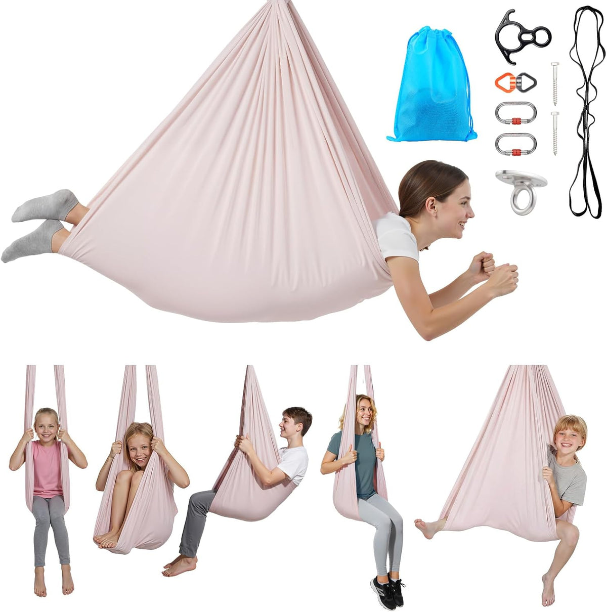 Sensory Swing, Double-Layer Fabric Sensorys Hammock, Indoor & Outdoor Sensory Swing with 360° Swivel Hanger, O-Sling, Holds up to 300lbs, Adjustable Aerial Yoga, Ceiling Swings for Kids