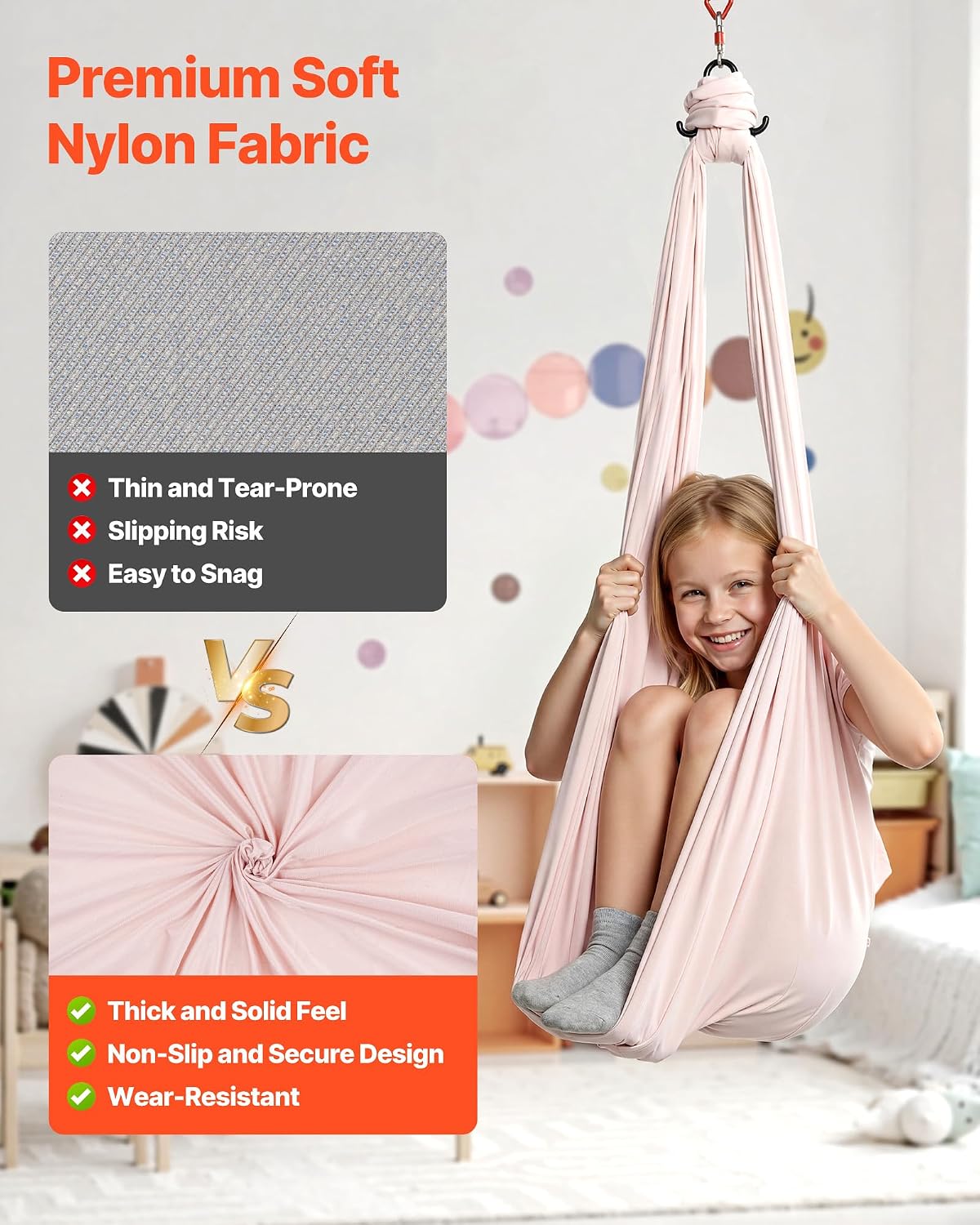 Sensory Swing, Double-Layer Fabric Sensorys Hammock, Indoor & Outdoor Sensory Swing with 360° Swivel Hanger, O-Sling, Holds up to 300lbs, Adjustable Aerial Yoga, Ceiling Swings for Kids