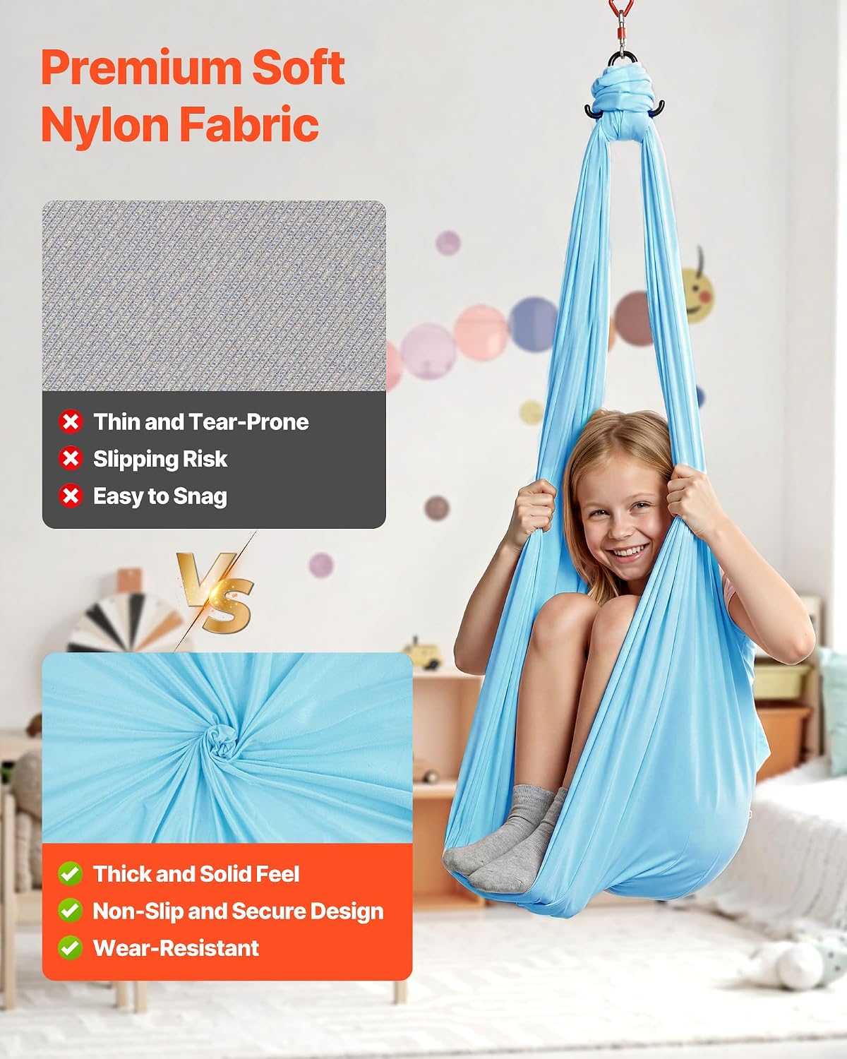 Sensory Swing, Double-Layer Fabric Sensorys Hammock, Indoor & Outdoor Sensory Swing with 360° Swivel Hanger, O-Sling, Holds up to 300lbs, Adjustable Aerial Yoga, Ceiling Swings for Kids
