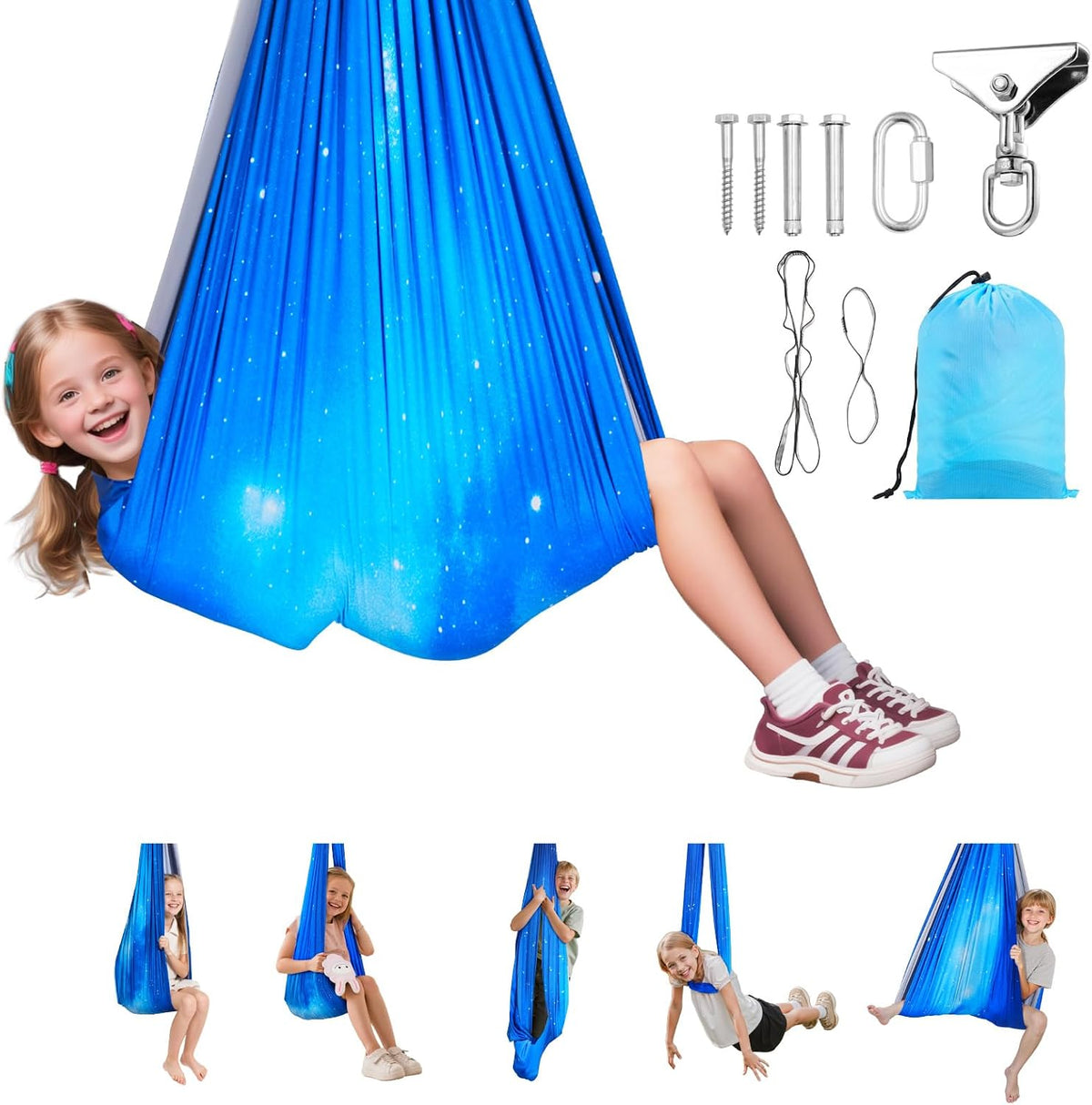 Sensory Swing, Double-Layer Fabric Sensorys Hammock, Indoor & Outdoor Sensory Swing with 360° Swivel Hanger, O-Sling, Holds up to 300lbs, Adjustable Aerial Yoga, Ceiling Swings for Kids