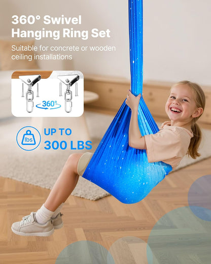 Sensory Swing, Double-Layer Fabric Sensorys Hammock, Indoor & Outdoor Sensory Swing with 360° Swivel Hanger, O-Sling, Holds up to 300lbs, Adjustable Aerial Yoga, Ceiling Swings for Kids