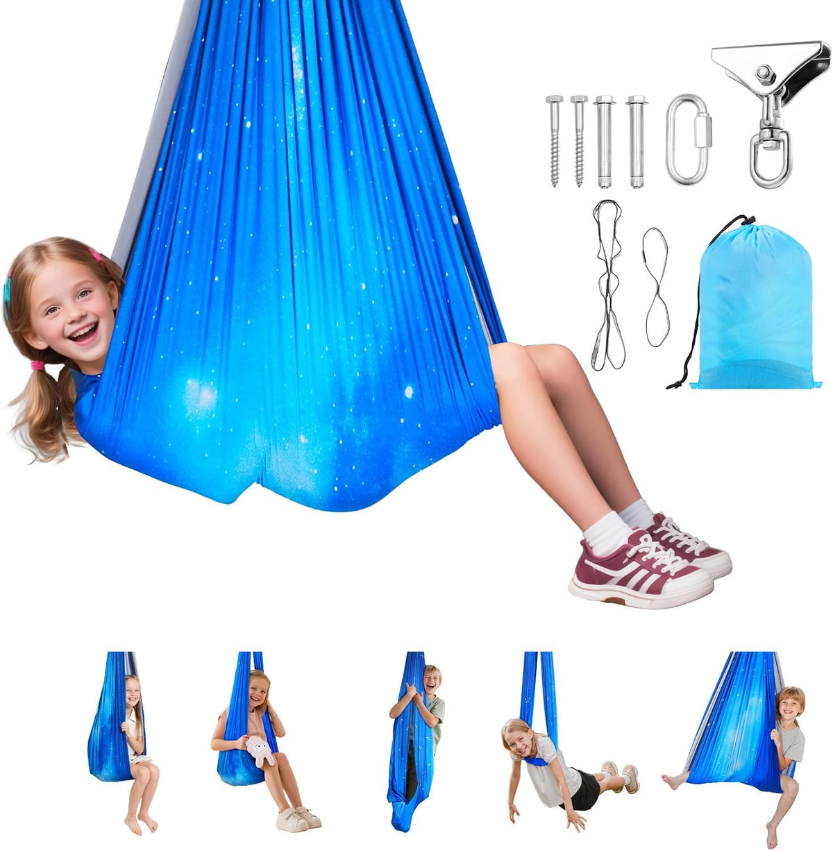 Sensory Swing, Double-Layer Fabric Sensorys Hammock, Indoor & Outdoor Sensory Swing with 360° Swivel Hanger, O-Sling, Holds up to 300lbs, Adjustable Aerial Yoga, Ceiling Swings for Kids