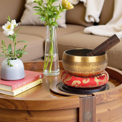 HandMade Meditation Singing Bowl: Tibetan Sound Bowl Set with Pure Tone, Sound Bath Bowl with Cushion, Mallet, Carry Bag, Spiritual Gift for Chakra Clearing, Yoga, Prayer, Relaxation (5 Inch)