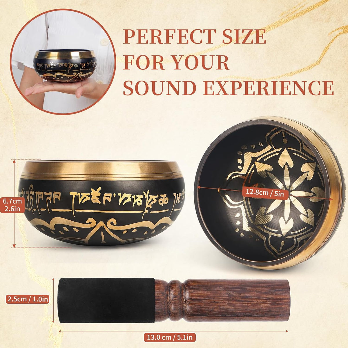 HandMade Meditation Singing Bowl: Tibetan Sound Bowl Set with Pure Tone, Sound Bath Bowl with Cushion, Mallet, Carry Bag, Spiritual Gift for Chakra Clearing, Yoga, Prayer, Relaxation (5 Inch)