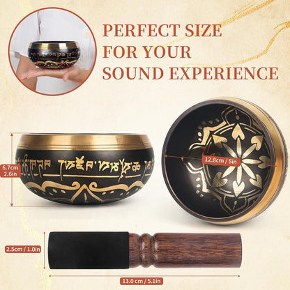 HandMade Meditation Singing Bowl: Tibetan Sound Bowl Set with Pure Tone, Sound Bath Bowl with Cushion, Mallet, Carry Bag, Spiritual Gift for Chakra Clearing, Yoga, Prayer, Relaxation (5 Inch)