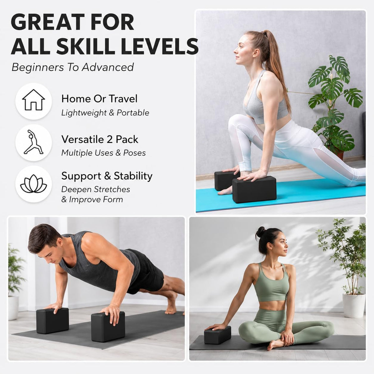 Yoga Blocks 2 pack, Gym Blocks, Exercise Workout Fitness Bricks, Pilates Stretch Handstand Non-Slip