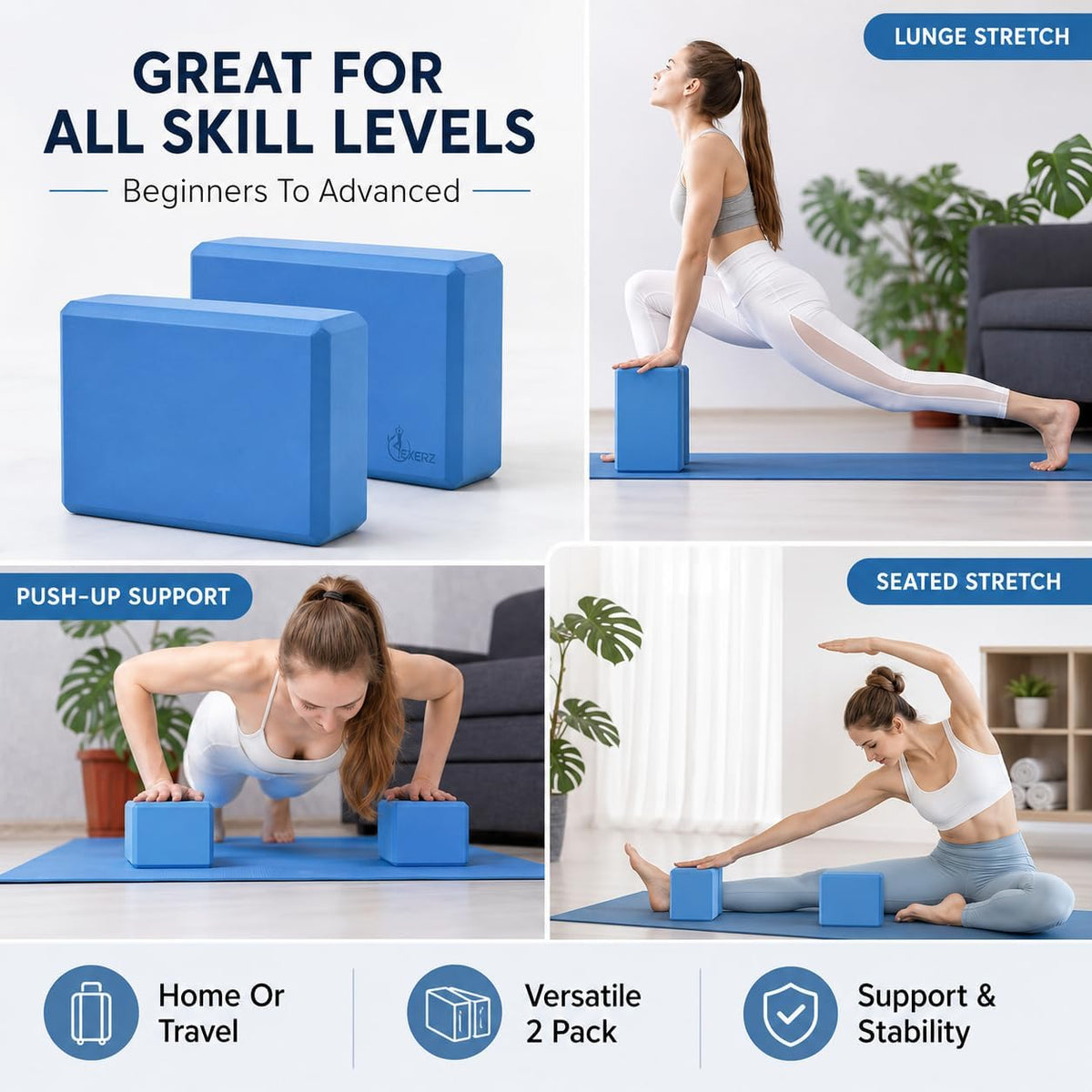 Yoga Blocks 2 pack, Gym Blocks, Exercise Workout Fitness Bricks, Pilates Stretch Handstand Non-Slip