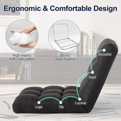 Folding Floor Chair with Back Support, Adjust Lay Flat Recliner Oversized Lounge Wide Lazy Boy Gaming Ergonomic Single Sofa Seat for Living Room Bedroom(Black)