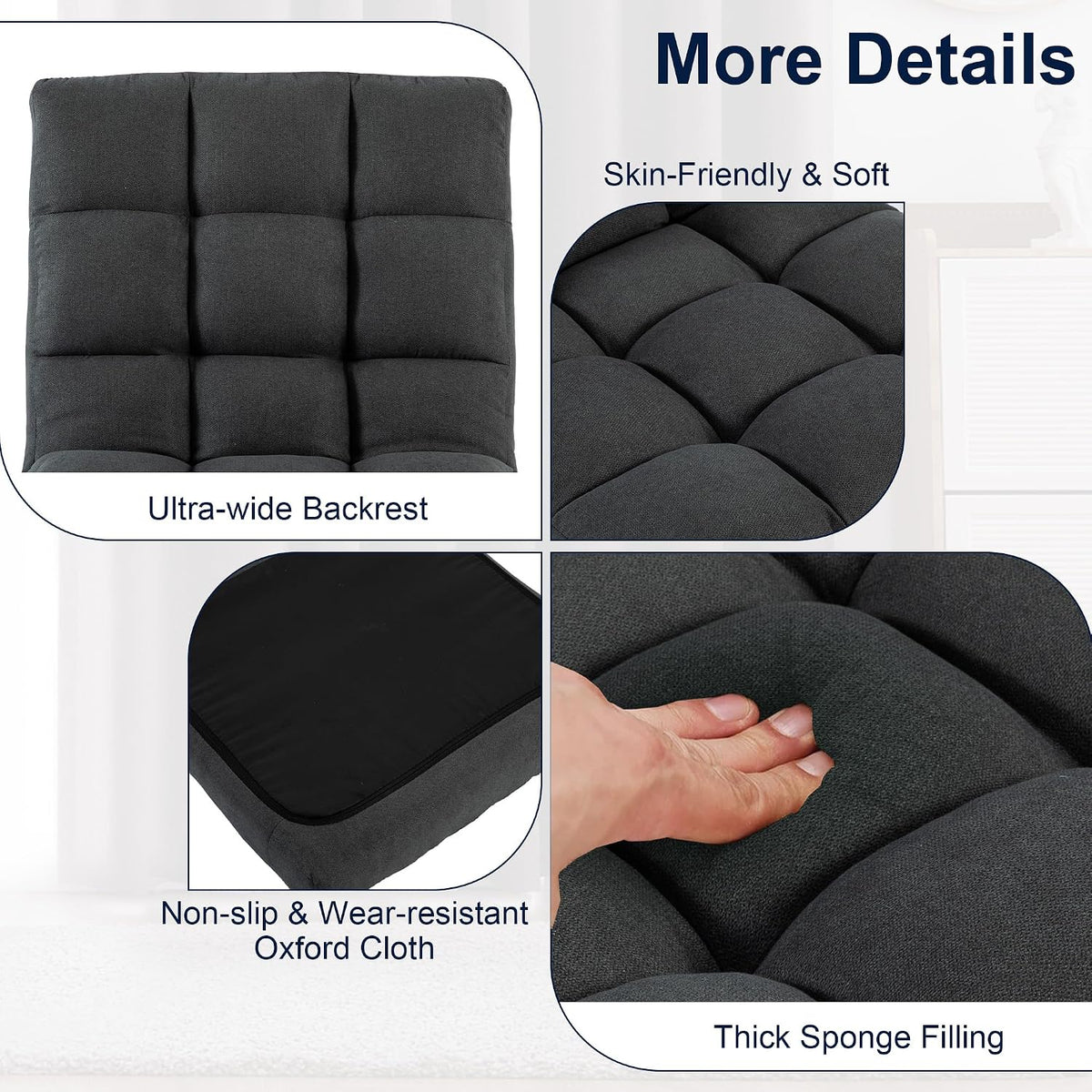 Folding Floor Chair with Back Support, Adjust Lay Flat Recliner Oversized Lounge Wide Lazy Boy Gaming Ergonomic Single Sofa Seat for Living Room Bedroom(Black)