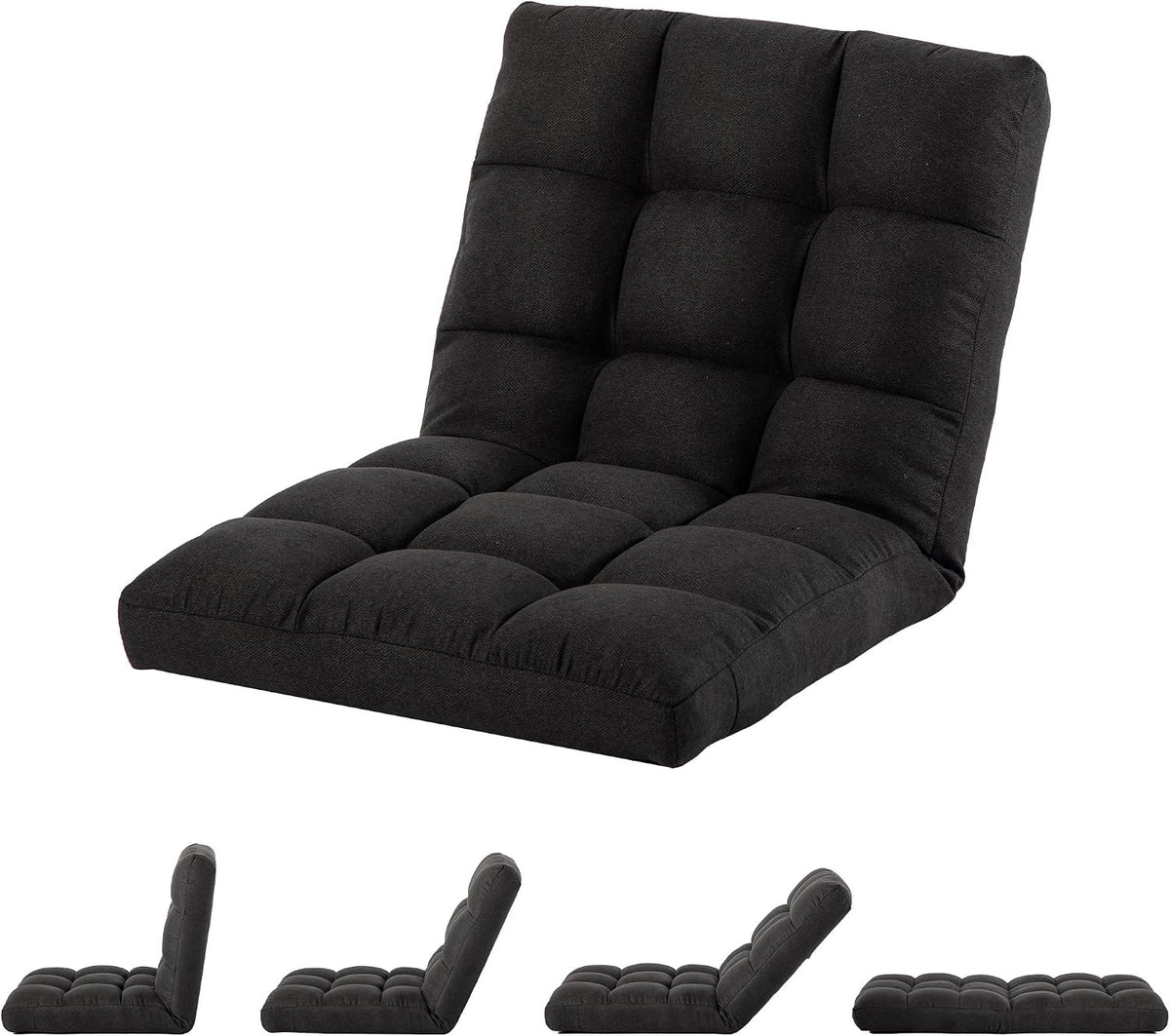 Folding Floor Chair with Back Support, Adjust Lay Flat Recliner Oversized Lounge Wide Lazy Boy Gaming Ergonomic Single Sofa Seat for Living Room Bedroom(Black)