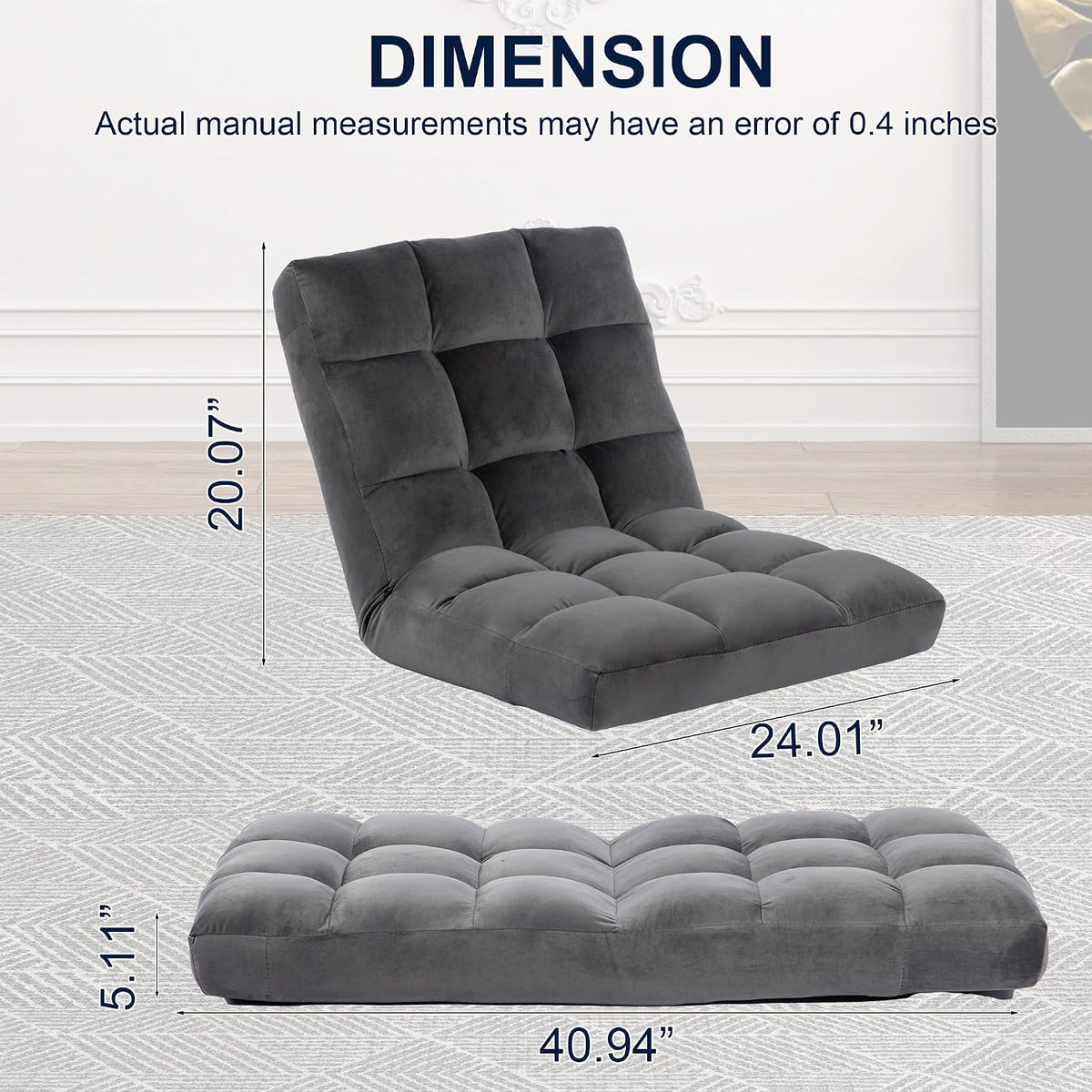 Folding Floor Chair with Back Support, Adjust Lay Flat Recliner Oversized Lounge Wide Lazy Boy Gaming Ergonomic Single Sofa Seat for Living Room Bedroom(Black)