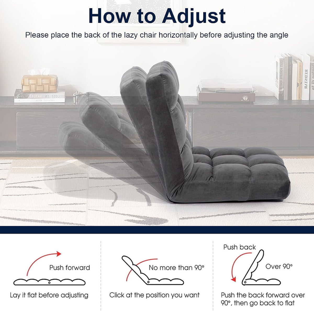 Folding Floor Chair with Back Support, Adjust Lay Flat Recliner Oversized Lounge Wide Lazy Boy Gaming Ergonomic Single Sofa Seat for Living Room Bedroom(Black)