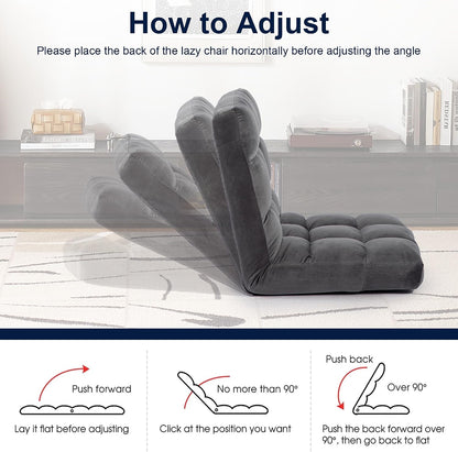 Folding Floor Chair with Back Support, Adjust Lay Flat Recliner Oversized Lounge Wide Lazy Boy Gaming Ergonomic Single Sofa Seat for Living Room Bedroom(Black)