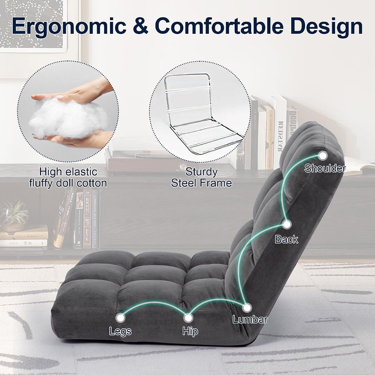 Folding Floor Chair with Back Support, Adjust Lay Flat Recliner Oversized Lounge Wide Lazy Boy Gaming Ergonomic Single Sofa Seat for Living Room Bedroom(Black)