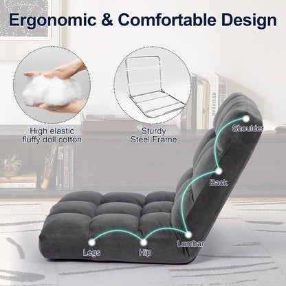 Folding Floor Chair with Back Support, Adjust Lay Flat Recliner Oversized Lounge Wide Lazy Boy Gaming Ergonomic Single Sofa Seat for Living Room Bedroom(Black)