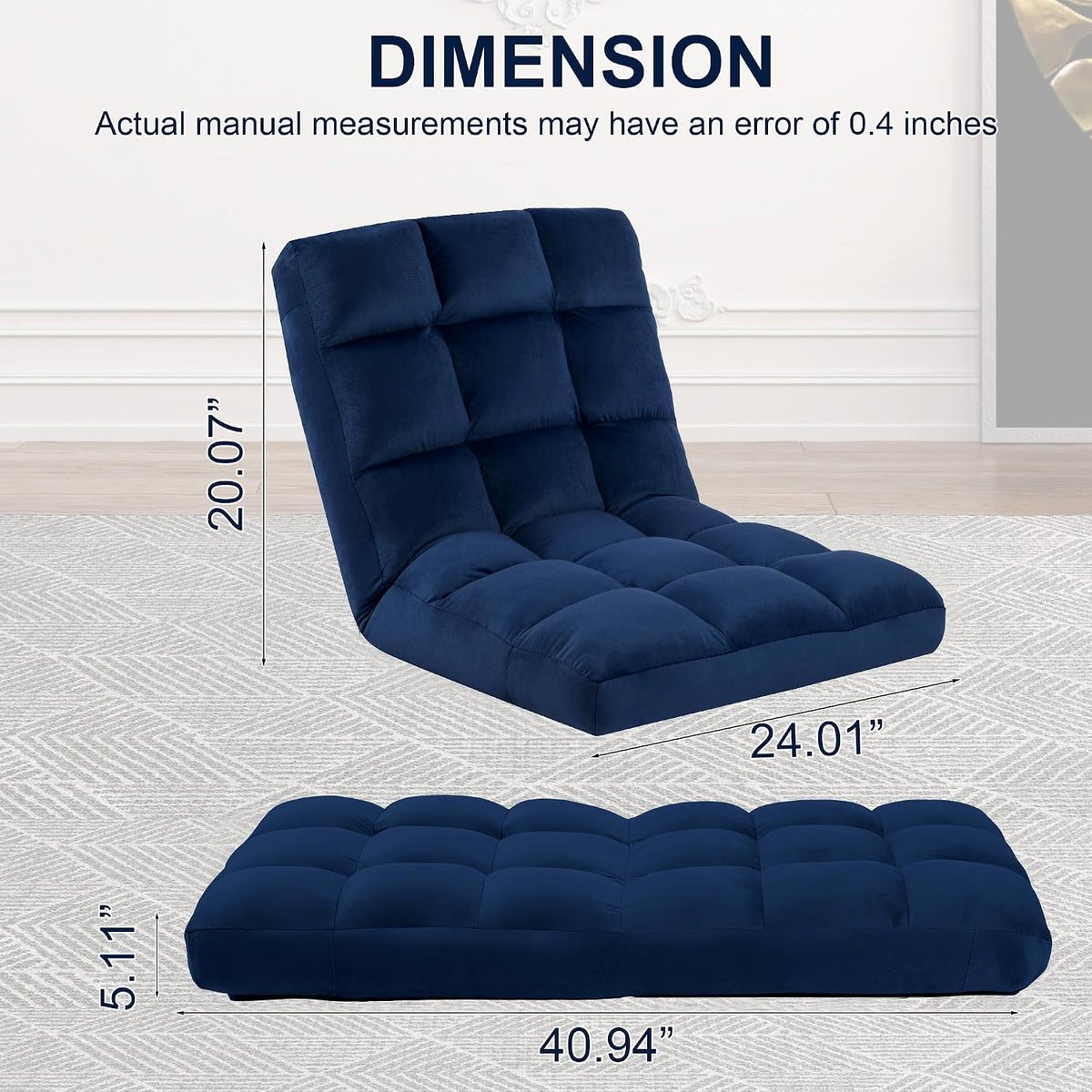 Folding Floor Chair with Back Support, Adjust Lay Flat Recliner Oversized Lounge Wide Lazy Boy Gaming Ergonomic Single Sofa Seat for Living Room Bedroom(Black)