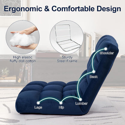 Folding Floor Chair with Back Support, Adjust Lay Flat Recliner Oversized Lounge Wide Lazy Boy Gaming Ergonomic Single Sofa Seat for Living Room Bedroom(Black)