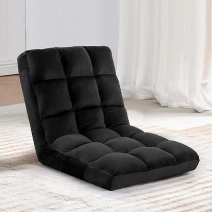 Folding Floor Chair with Back Support, Adjust Lay Flat Recliner Oversized Lounge Wide Lazy Boy Gaming Ergonomic Single Sofa Seat for Living Room Bedroom(Black)