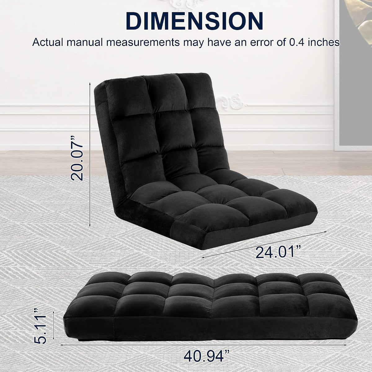 Folding Floor Chair with Back Support, Adjust Lay Flat Recliner Oversized Lounge Wide Lazy Boy Gaming Ergonomic Single Sofa Seat for Living Room Bedroom(Black)
