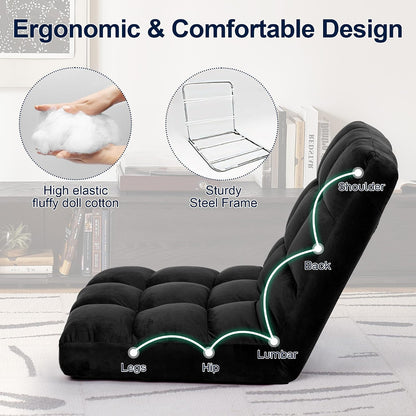 Folding Floor Chair with Back Support, Adjust Lay Flat Recliner Oversized Lounge Wide Lazy Boy Gaming Ergonomic Single Sofa Seat for Living Room Bedroom(Black)