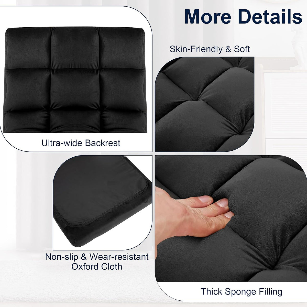 Folding Floor Chair with Back Support, Adjust Lay Flat Recliner Oversized Lounge Wide Lazy Boy Gaming Ergonomic Single Sofa Seat for Living Room Bedroom(Black)