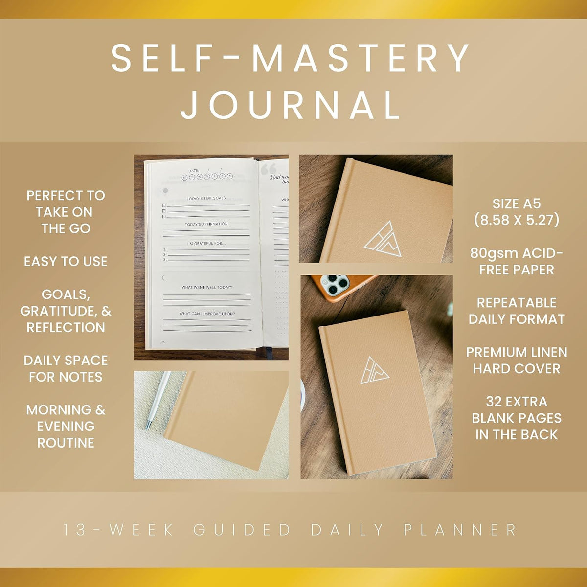 Self-Mastery Journal for Men with Prompts - 13 Week Guided Gratitude Journal - 5 Minute Journal - Reflection Manifestation Journals for Mindfulness - Self Care Journal - Goal Journal for Women & Men