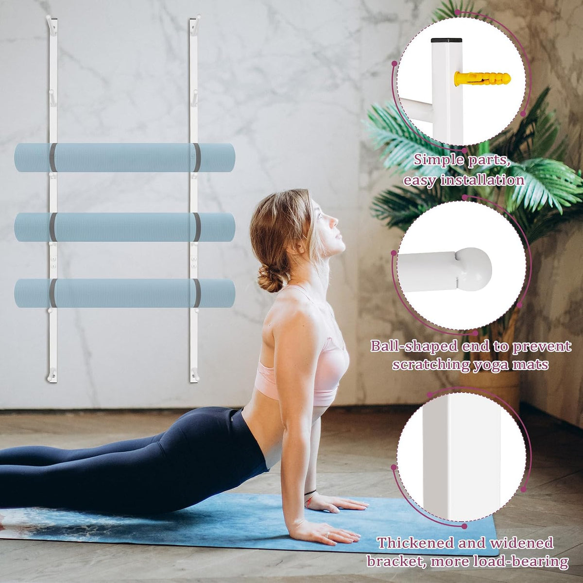 Yoga Mat Holder Wall Mount Yoga Mat Storage Holder Yoga Mat Organizer Skateboard Wall Mount for Foam Rollers Skateboard Ski Board