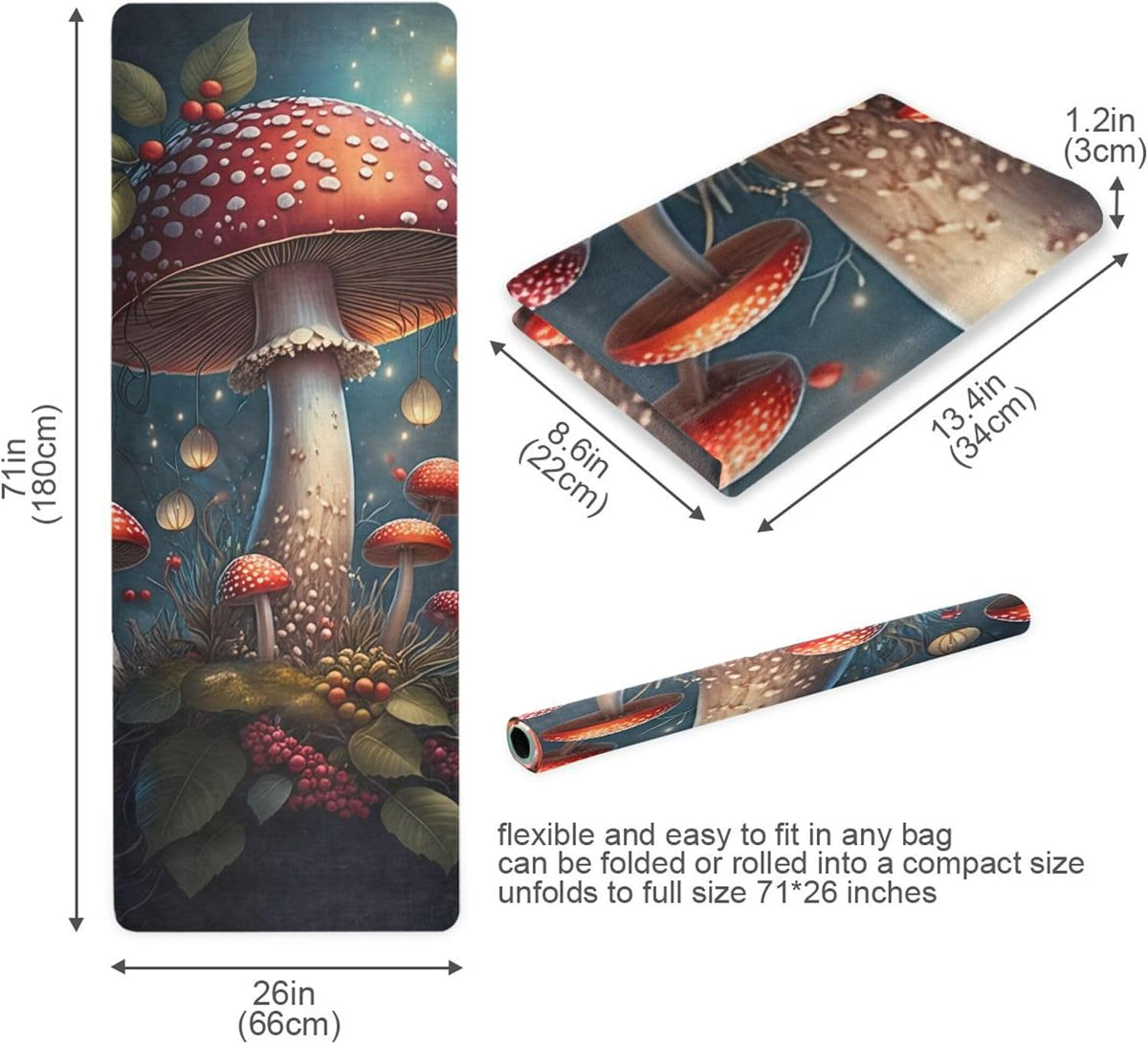 Large Red Mushroom Yoga Mat, 71” x 26” Non-Slip Sports Yoga Mat with Storage Bag, for Indoor and Outdoor Fitness Exercise, Pilates
