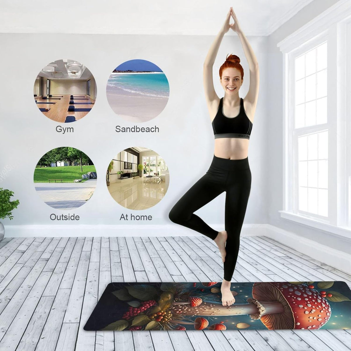 Large Red Mushroom Yoga Mat, 71” x 26” Non-Slip Sports Yoga Mat with Storage Bag, for Indoor and Outdoor Fitness Exercise, Pilates
