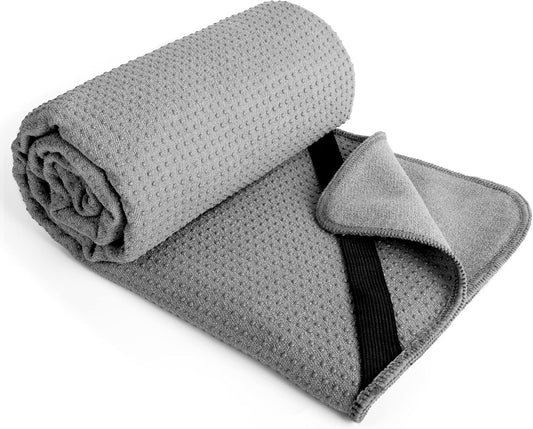 Microfiber Non Slip Yoga Mat Towel, Secure Elastic Straps, 24x72 in