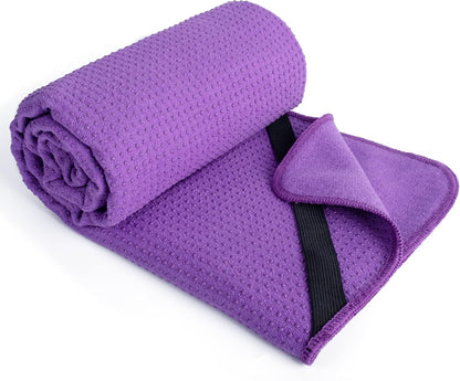 Microfiber Non Slip Yoga Mat Towel, Secure Elastic Straps, 24x72 in