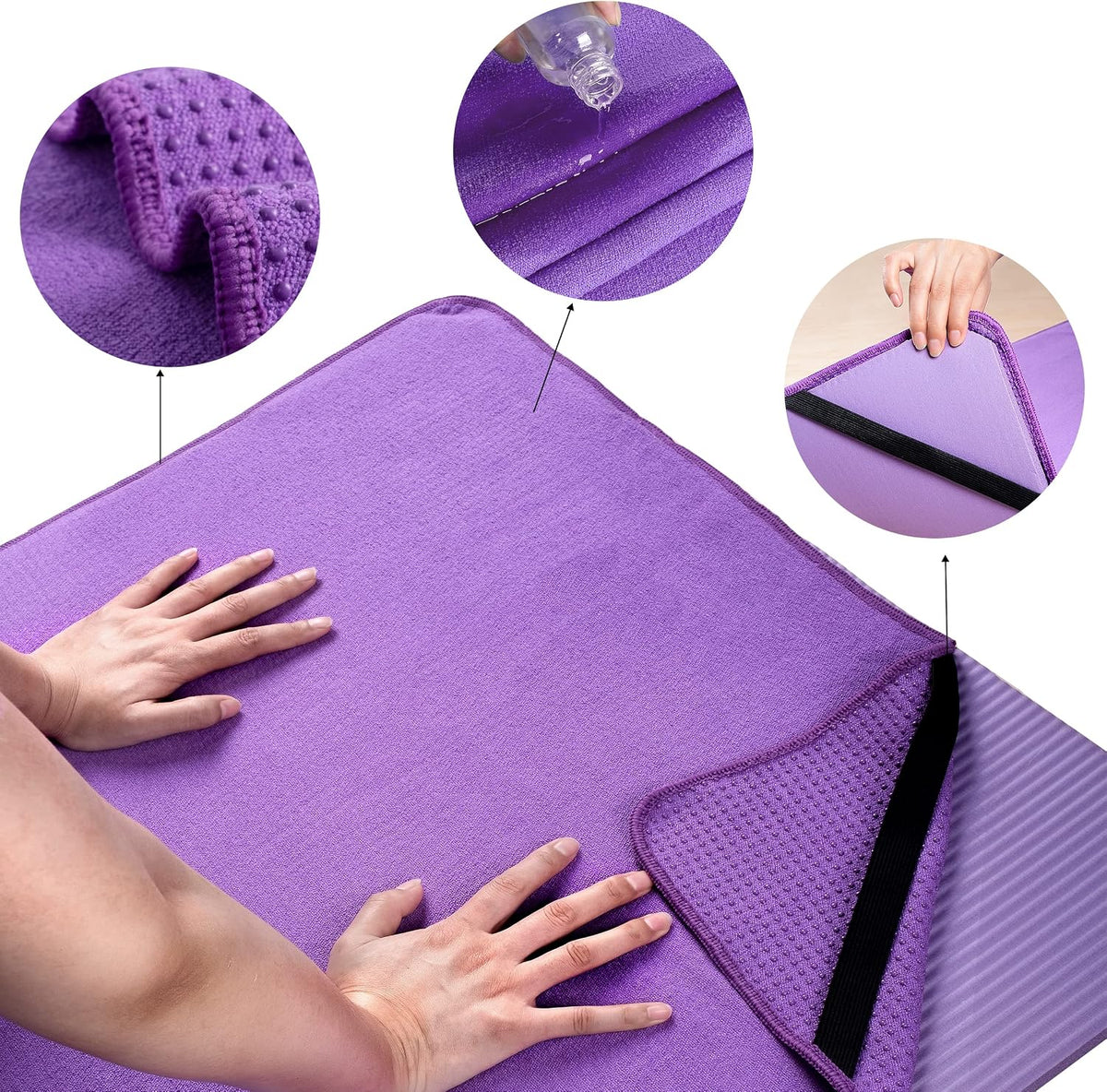 Microfiber Non Slip Yoga Mat Towel, Secure Elastic Straps, 24x72 in