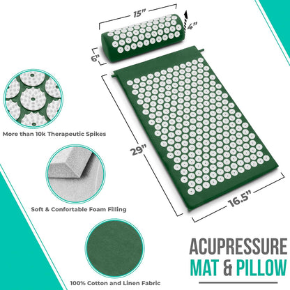 Sivan Acupressure Mat & Pillow Set for Back & Neck (Large, Green/White)