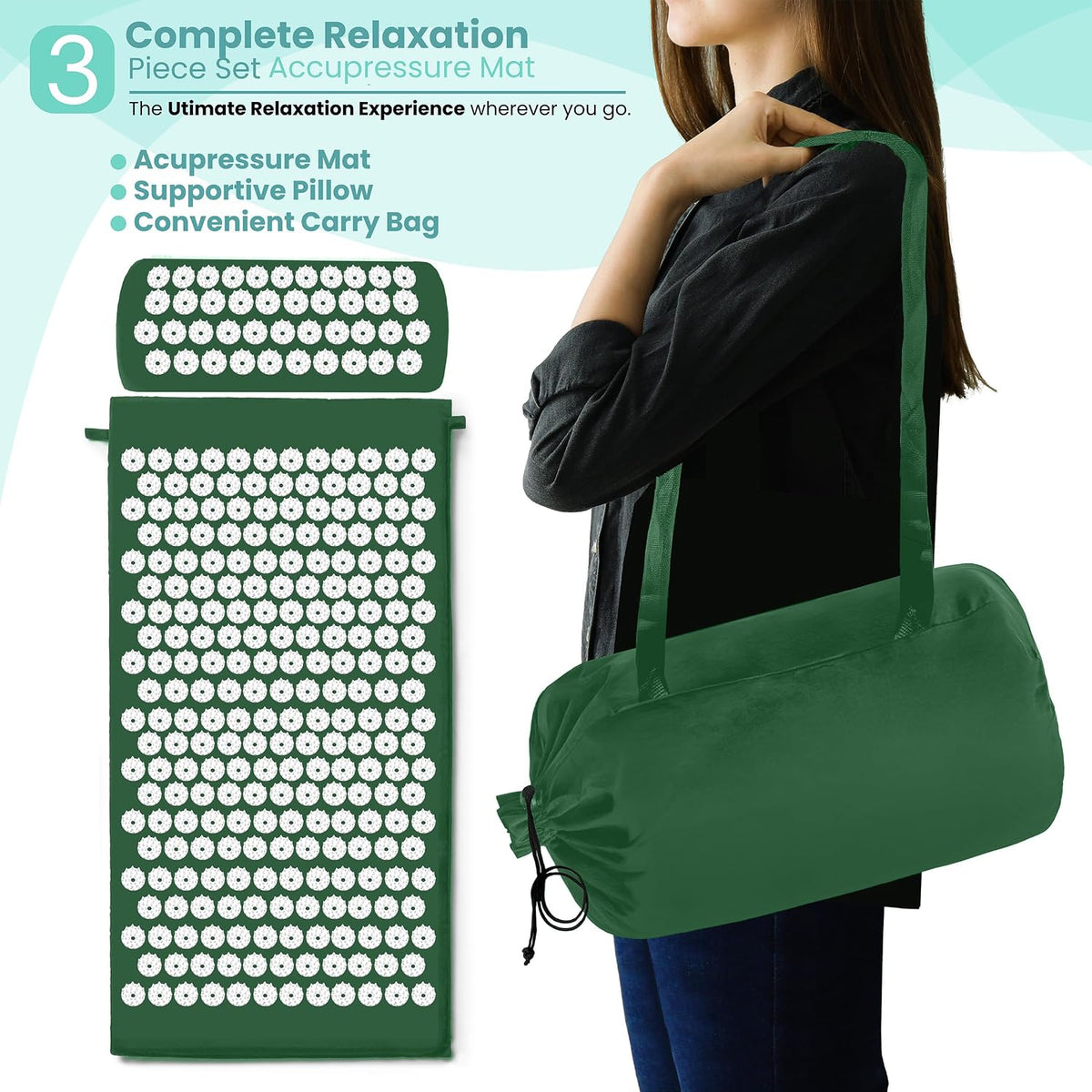 Sivan Acupressure Mat & Pillow Set for Back & Neck (Large, Green/White)