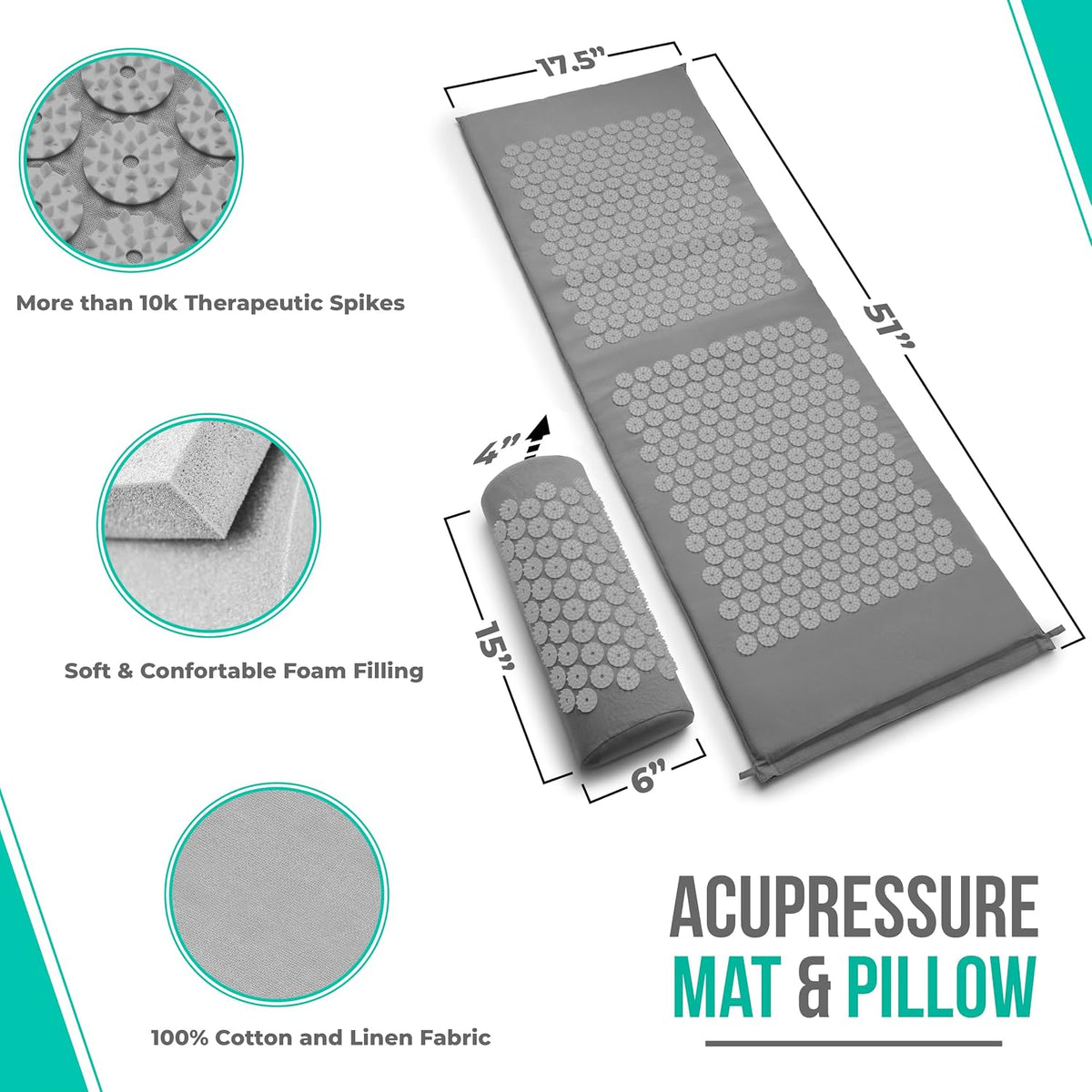 Sivan Acupressure Mat & Pillow Set for Back & Neck (Large, Green/White)