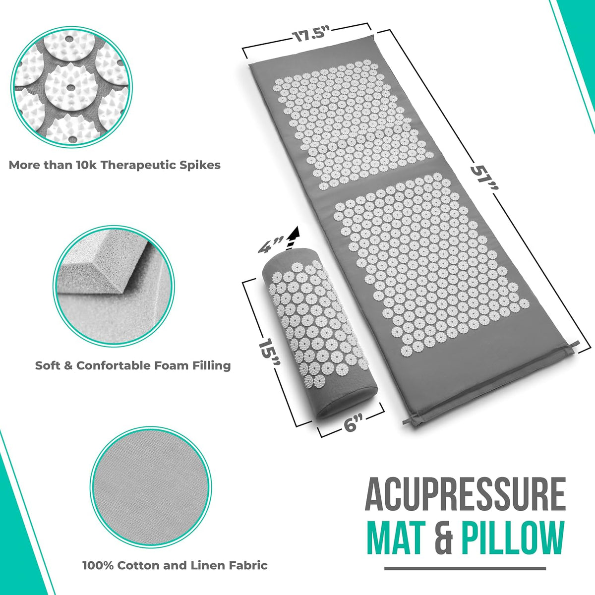 Sivan Acupressure Mat & Pillow Set for Back & Neck (Large, Green/White)
