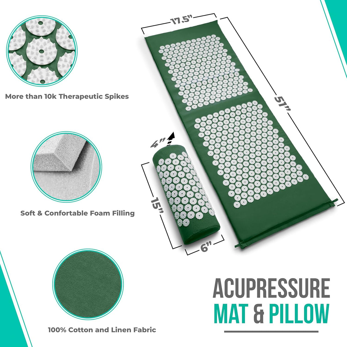Sivan Acupressure Mat & Pillow Set for Back & Neck (Large, Green/White)