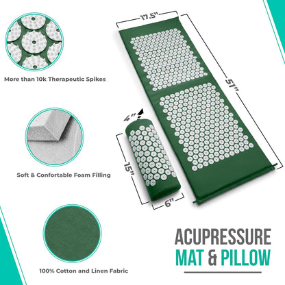 Sivan Acupressure Mat & Pillow Set for Back & Neck (Large, Green/White)