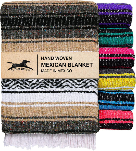 Mexican Yoga Blanket – Colorful Falsa Serape Throw for Yoga, Beach, Picnic, Saddle, or Home Décor – Soft Woven Boho Blanket (Beige)