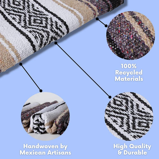 Mexican Yoga Blanket – Colorful Falsa Serape Throw for Yoga, Beach, Picnic, Saddle, or Home Décor – Soft Woven Boho Blanket (Beige)