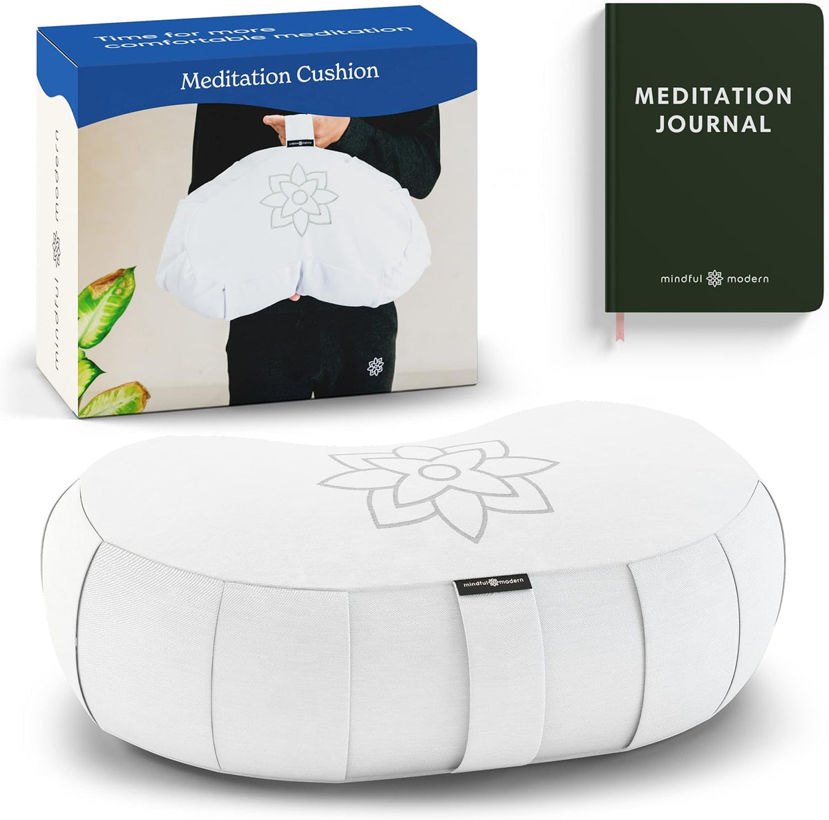 Large Meditation Cushion | Zafu Yoga Bolster Meditation Floor Pillow Seat | Buckwheat Hull Filled Crescent Shaped Cushion with Removable Washable Cover + Carry Handle | White