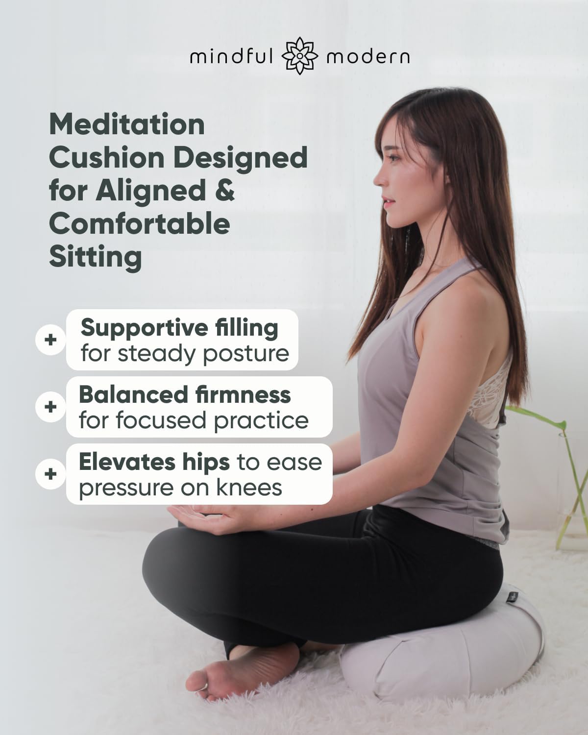 Large Meditation Cushion | Zafu Yoga Bolster Meditation Floor Pillow Seat | Buckwheat Hull Filled Crescent Shaped Cushion with Removable Washable Cover + Carry Handle | White